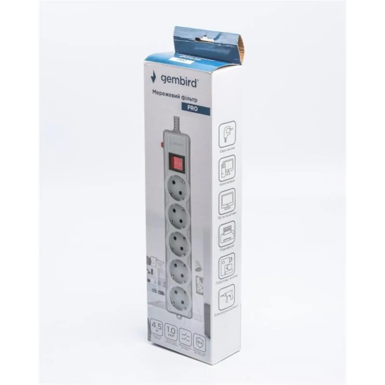 Фільтр живлення Gembird Pro (SPG5-G-15G-PRO) 5 розеток, 4.5м, сірий UA