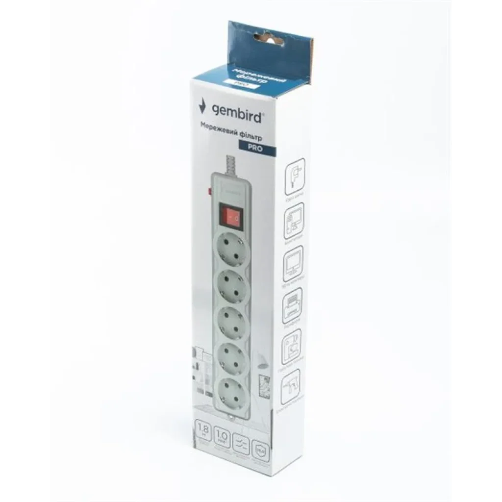 Фильтр питания Gembird Pro (SPG5-G-6G-PRO) 5 розеток, 1.8м, серый UA