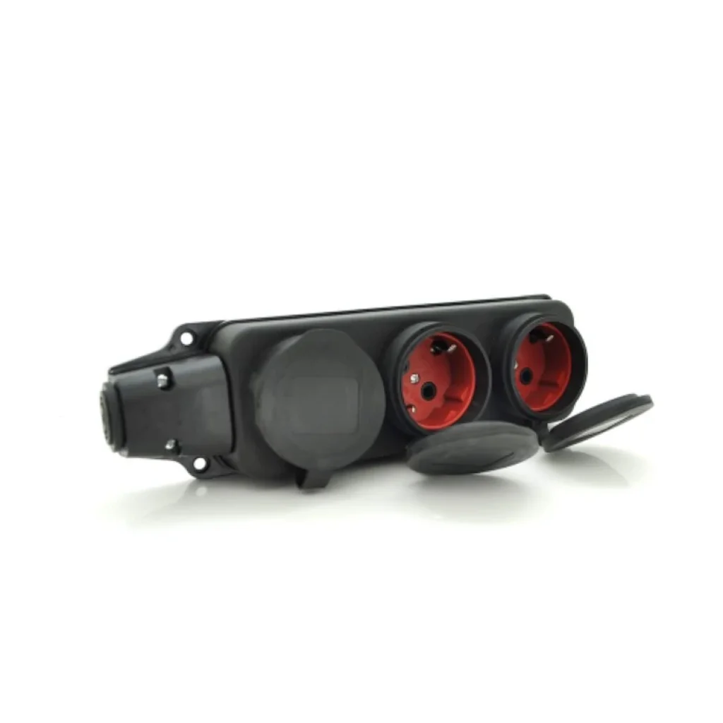 Колодка PiPo PP/SP-3133/3/44/16B, 16А, 220-240В, IP44, із заглушкою, із заземленням 3 гнізда, каучук, чорний UA