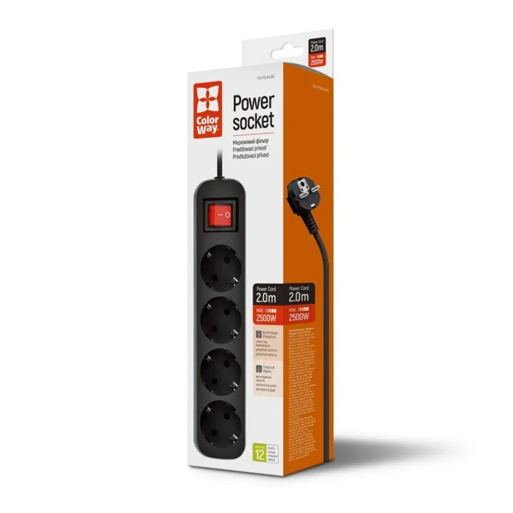Фільтр живлення СolorWay (CW-PSEA42BK) 4 розетки, 2м, Black UA