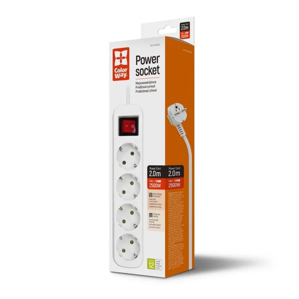 Фильтр питания СolorWay (CW-PSEA42W) 4 розетки, 2м, White UA