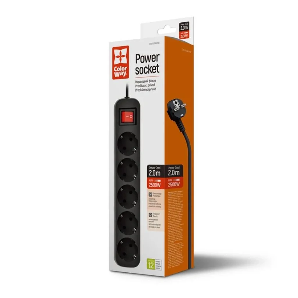 Фільтр живлення СolorWay (CW-PSEA52BK) 5 розеток, 2м, Black UA