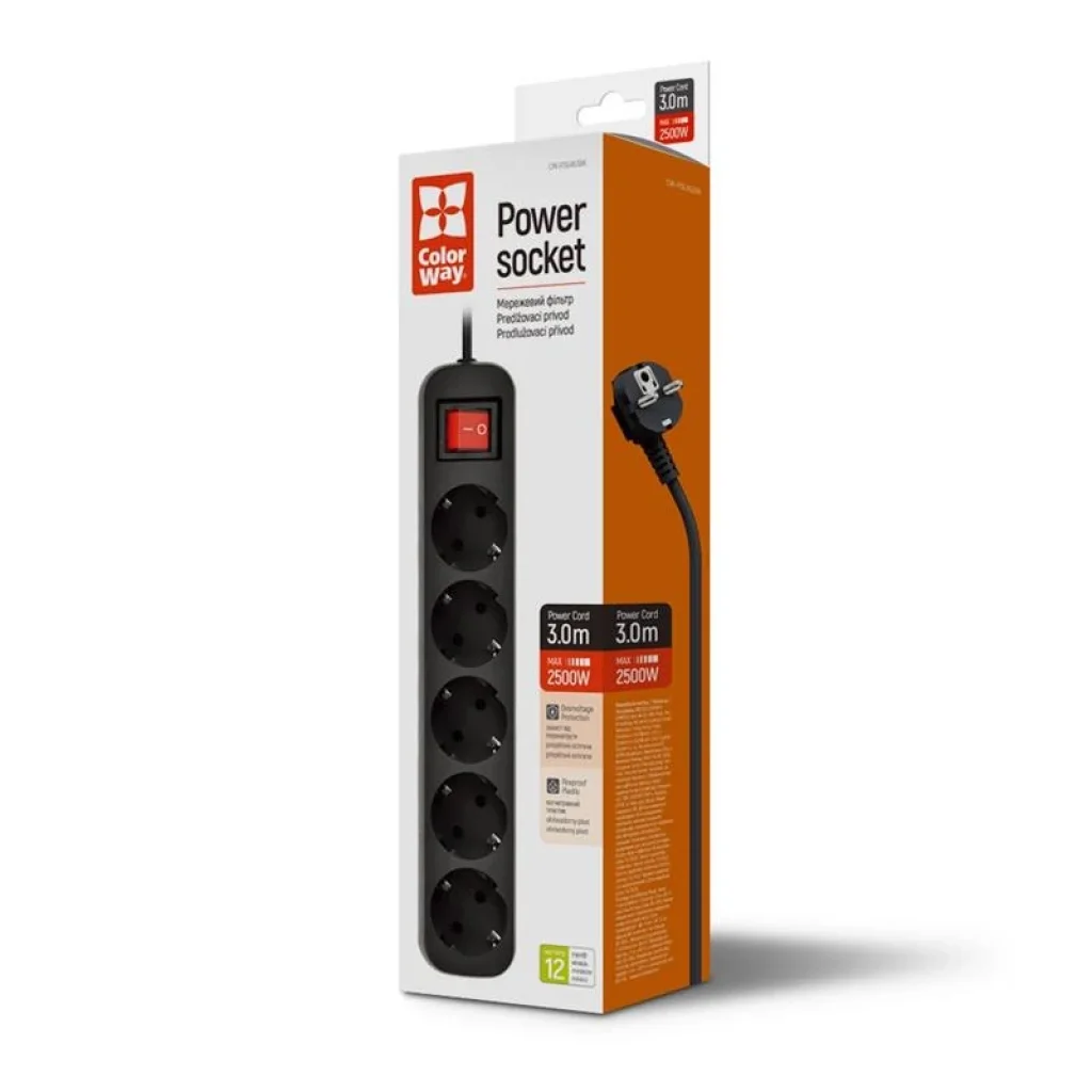 Фільтр живлення СolorWay (CW-PSEA53BK) 5 розеток, 3м, Black UA
