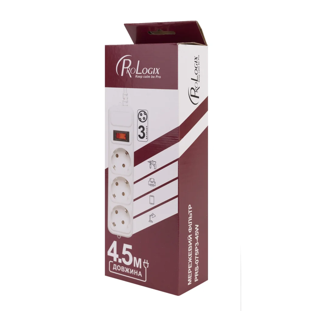 Фільтр живлення ProLogix (PRS-075P3-45W) 0.75 мм, 3 розетки, 4.5 м, білий UA