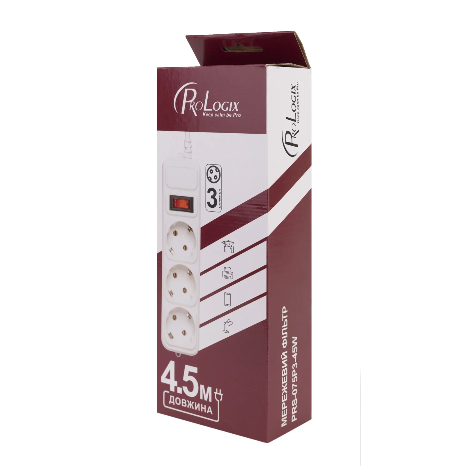 Фільтр живлення ProLogix (PRS-075P3-45W) 0.75 мм, 3 розетки, 4.5 м, білий UA