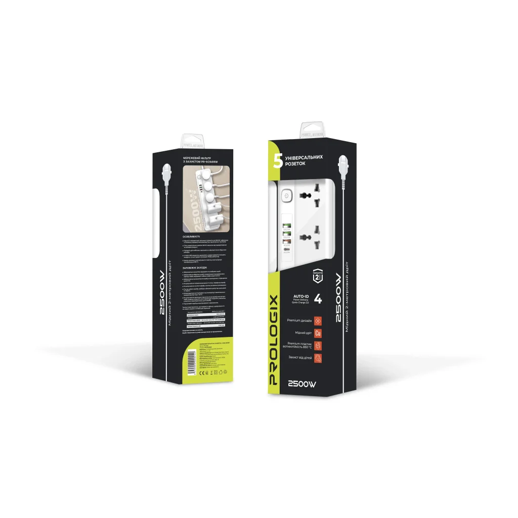 Фільтр живлення ProLogix Premium (PR-SC5415W) 5 розеток, 4 USB (1 PD +1 QC3.0 +2 AUTO ID), 2 м, білий UA