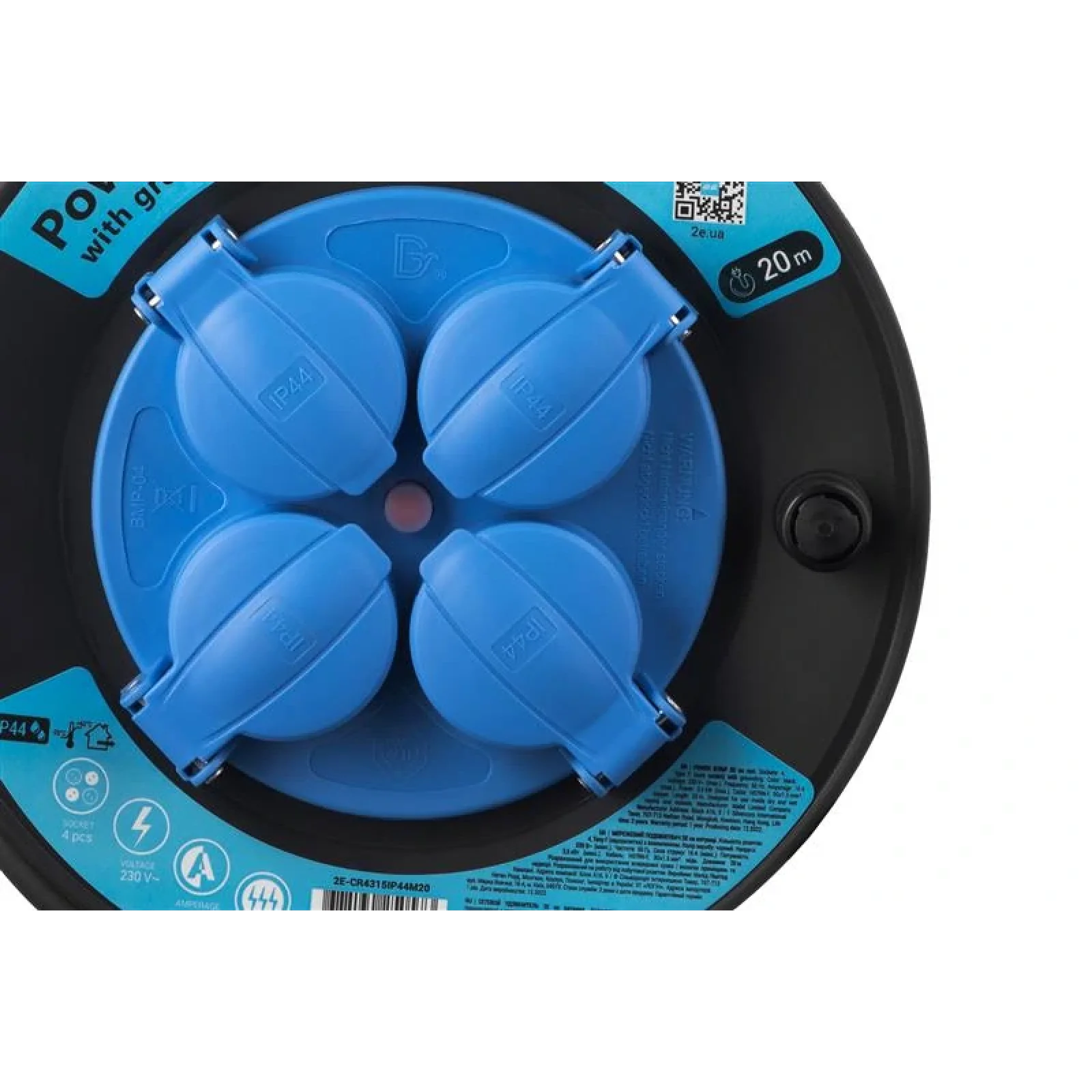 Мережевий подовжувач на котушці 2E 4XSchuko, ІР44, 3G*1.5мм, 20м, black (2E-CR4315IP44M20) UA