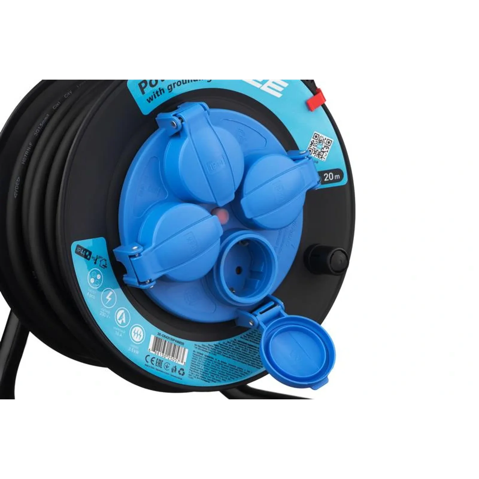 Мережевий подовжувач на котушці 2E 4XSchuko, ІР44, 3G*1.5мм, 20м, black (2E-CR4315IP44M20) UA