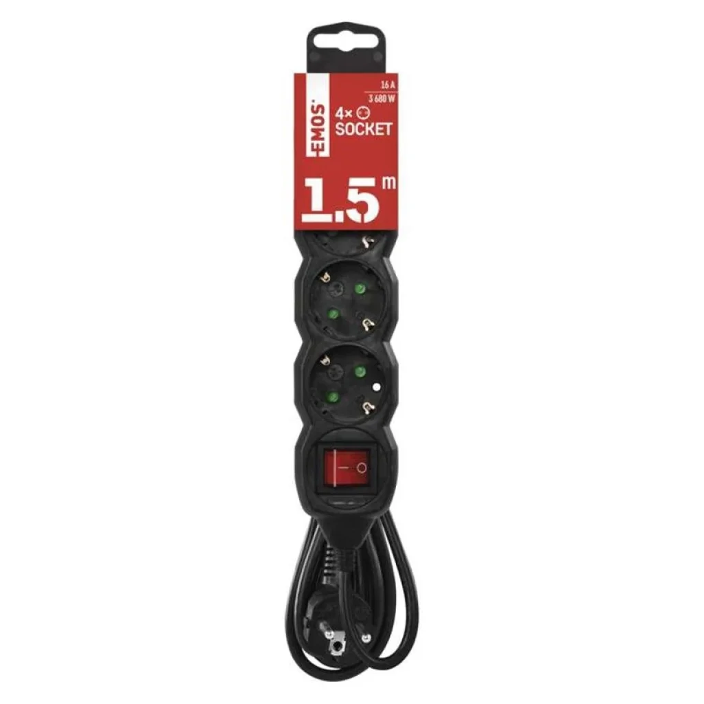 Фильтр питания Emos (PC1421R) с выключателем, 4 розетки, 1.5м, Black UA