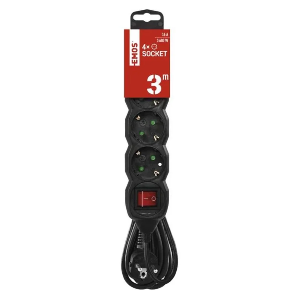 Фильтр питания Emos (PC1423R) с выключателем, 4 розетки, 3м, Black UA