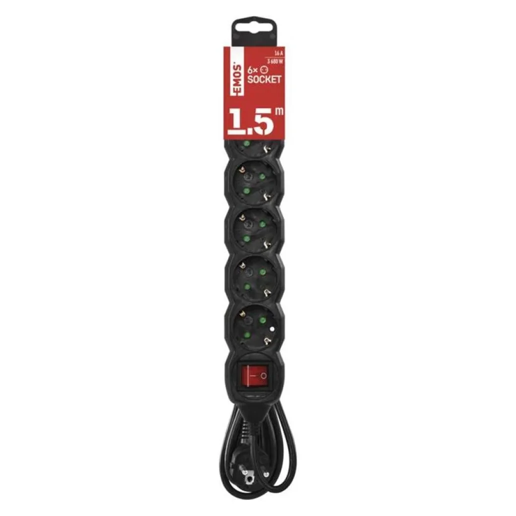 Фильтр питания Emos (PC1621R) с выключателем, 6 розеток, 1.5м, Black UA