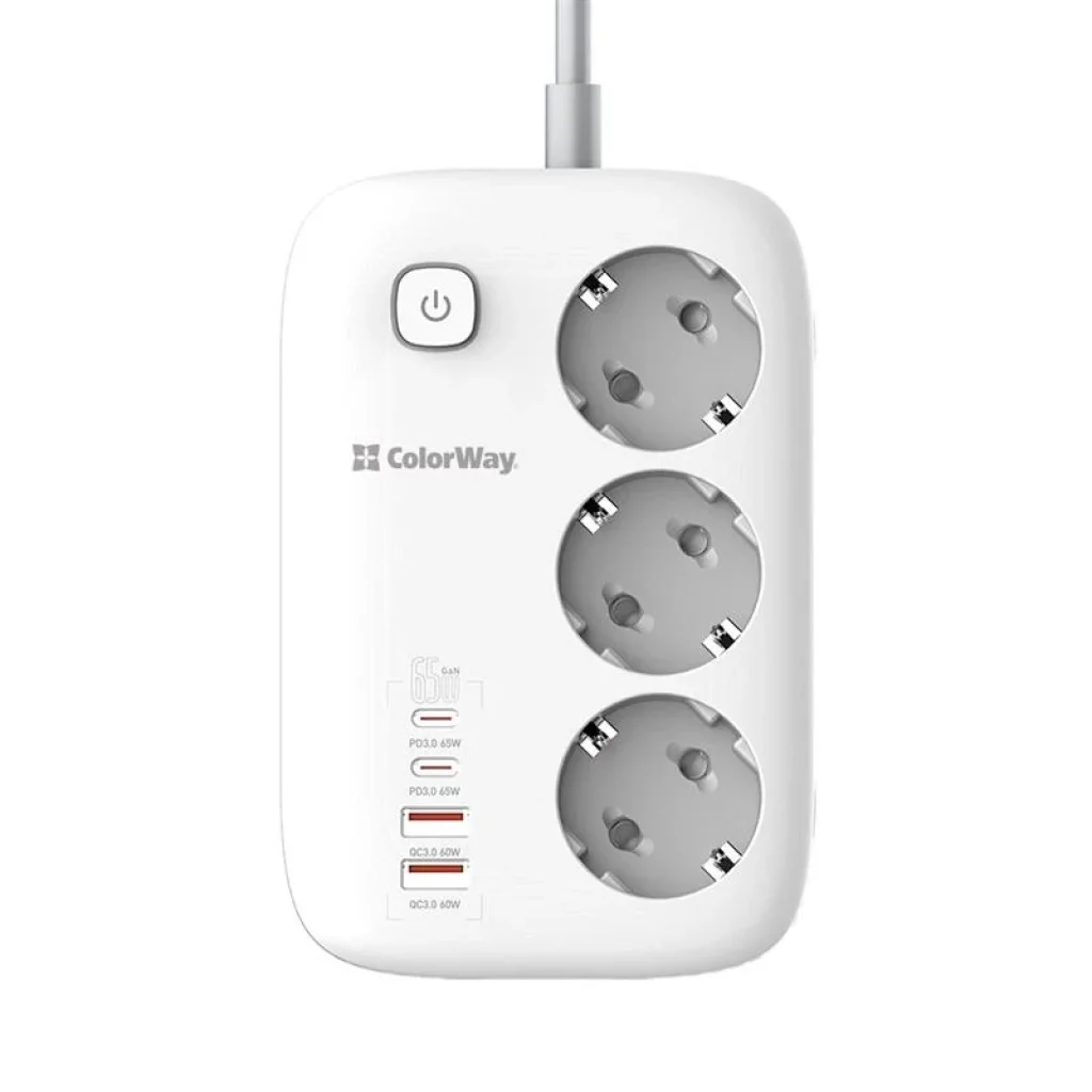 Фильтр питания ColorWay CW-CHE34PDW GaN3 Pro PD 65W (2USB-A + 2 TYPE-C) 3 розетки, 4 USB, 2 м, белый UA