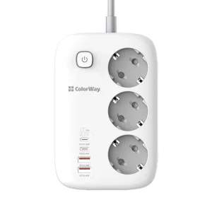 Фильтр питания ColorWay CW-CHE34PDW GaN3 Pro PD 65W (2USB-A + 2 TYPE-C) 3 розетки, 4 USB, 2 м, белый UA