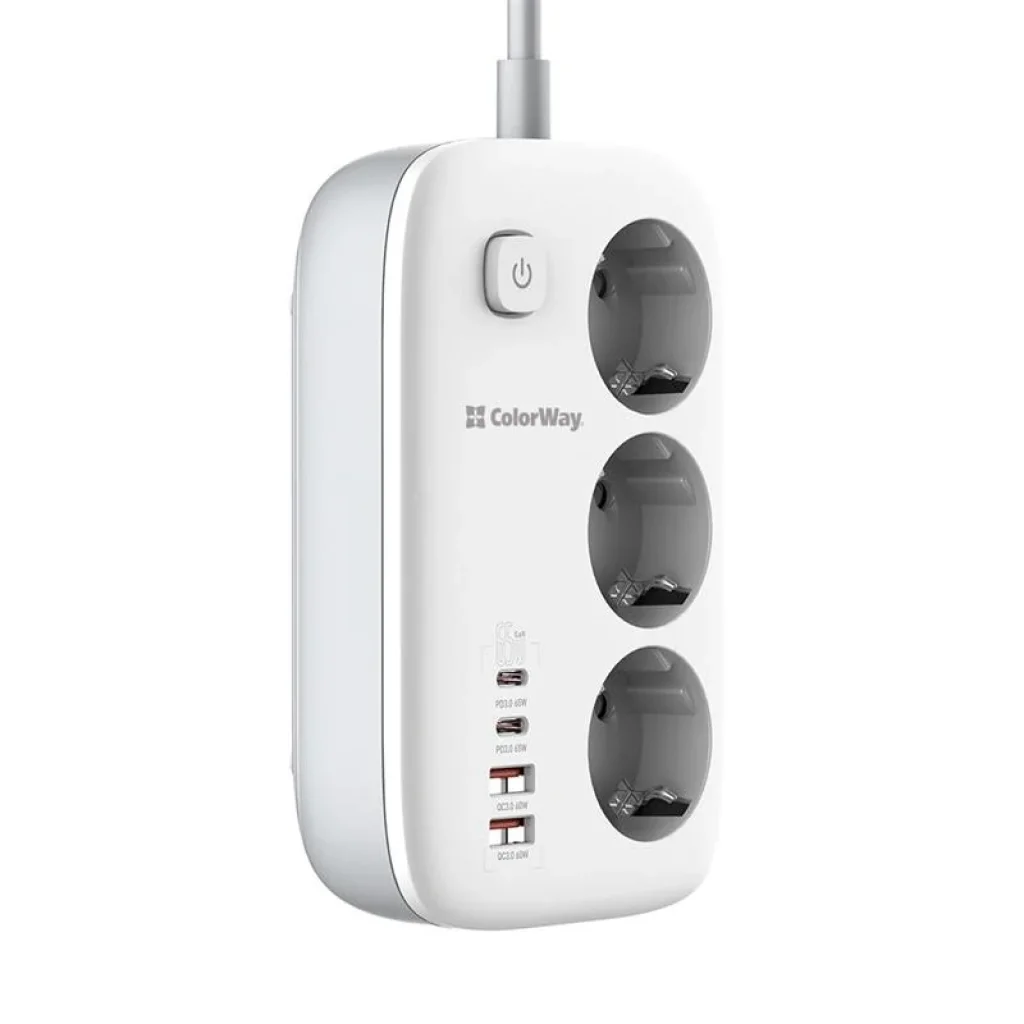 Фильтр питания ColorWay CW-CHE34PDW GaN3 Pro PD 65W (2USB-A + 2 TYPE-C) 3 розетки, 4 USB, 2 м, белый UA