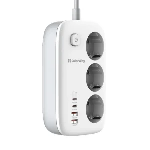 Фильтр питания ColorWay CW-CHE34PDW GaN3 Pro PD 65W (2USB-A + 2 TYPE-C) 3 розетки, 4 USB, 2 м, белый UA