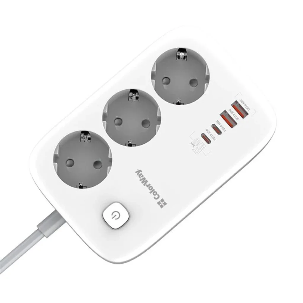 Фильтр питания ColorWay CW-CHE34PDW GaN3 Pro PD 65W (2USB-A + 2 TYPE-C) 3 розетки, 4 USB, 2 м, белый UA
