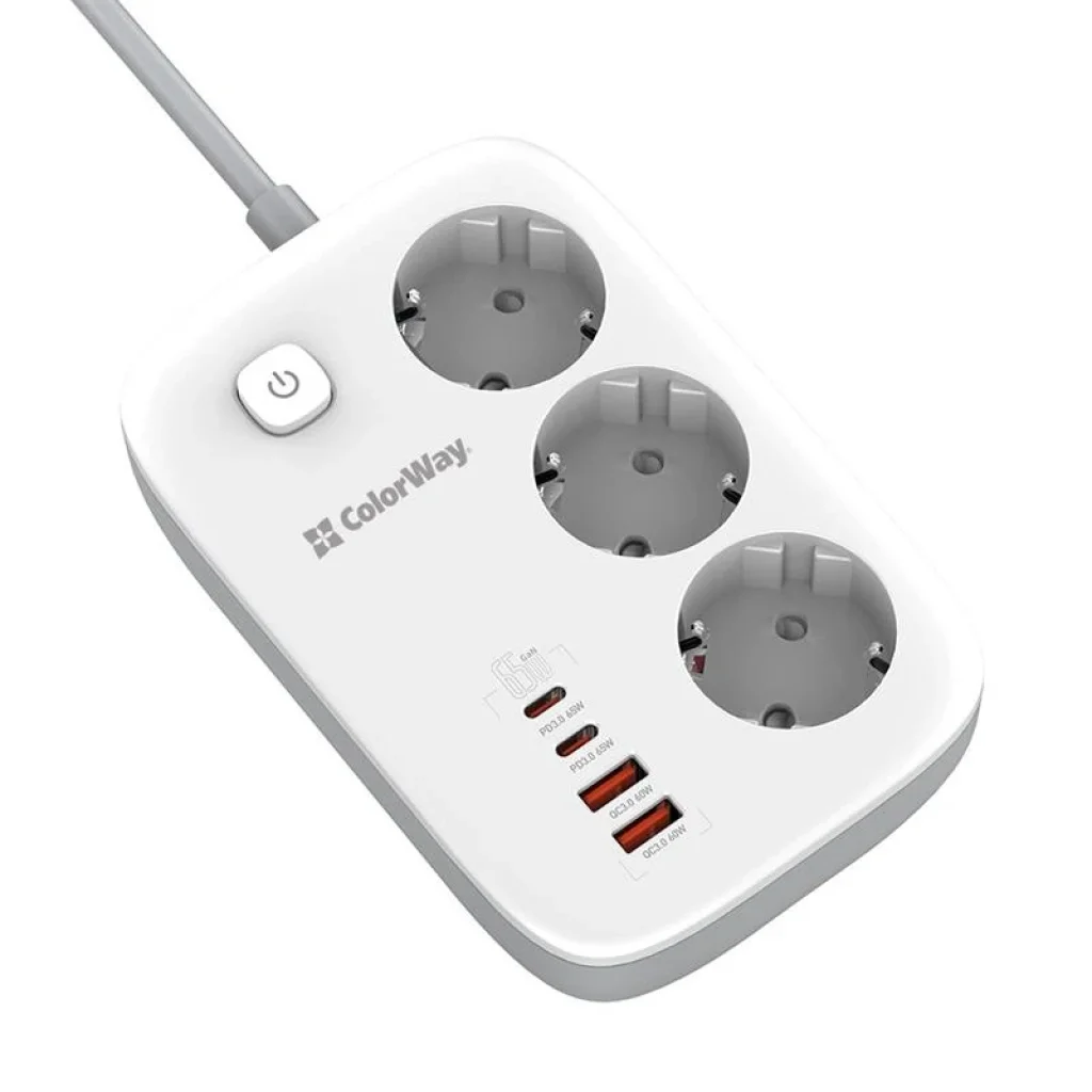 Фильтр питания ColorWay CW-CHE34PDW GaN3 Pro PD 65W (2USB-A + 2 TYPE-C) 3 розетки, 4 USB, 2 м, белый UA