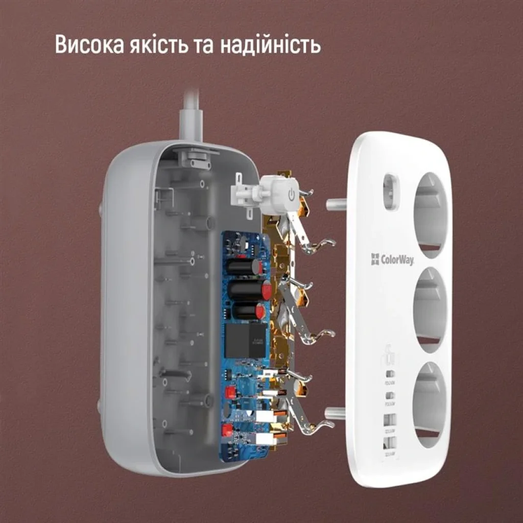 Фильтр питания ColorWay CW-CHE34PDW GaN3 Pro PD 65W (2USB-A + 2 TYPE-C) 3 розетки, 4 USB, 2 м, белый UA