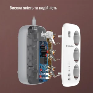 Фильтр питания ColorWay CW-CHE34PDW GaN3 Pro PD 65W (2USB-A + 2 TYPE-C) 3 розетки, 4 USB, 2 м, белый UA