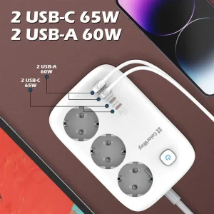 Фильтр питания ColorWay CW-CHE34PDW GaN3 Pro PD 65W (2USB-A + 2 TYPE-C) 3 розетки, 4 USB, 2 м, белый UA