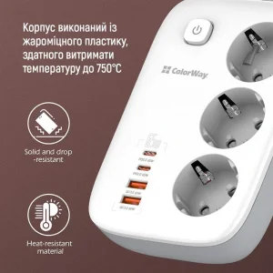 Фильтр питания ColorWay CW-CHE34PDW GaN3 Pro PD 65W (2USB-A + 2 TYPE-C) 3 розетки, 4 USB, 2 м, белый UA