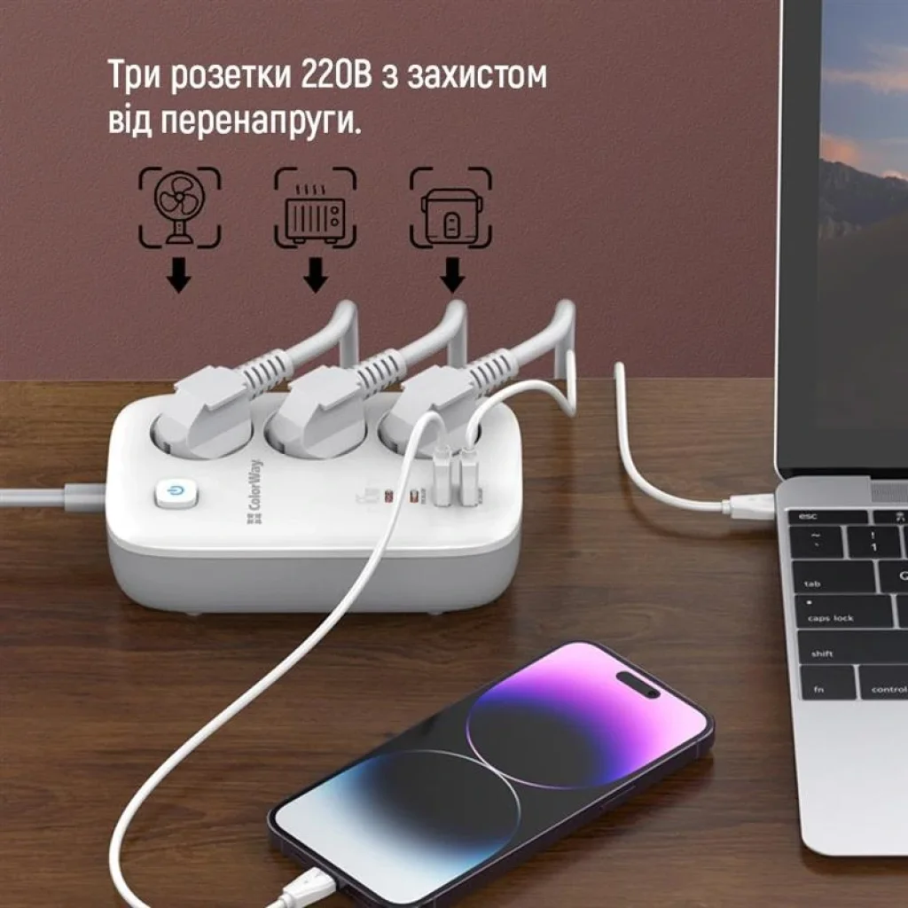 Фильтр питания ColorWay CW-CHE34PDW GaN3 Pro PD 65W (2USB-A + 2 TYPE-C) 3 розетки, 4 USB, 2 м, белый UA