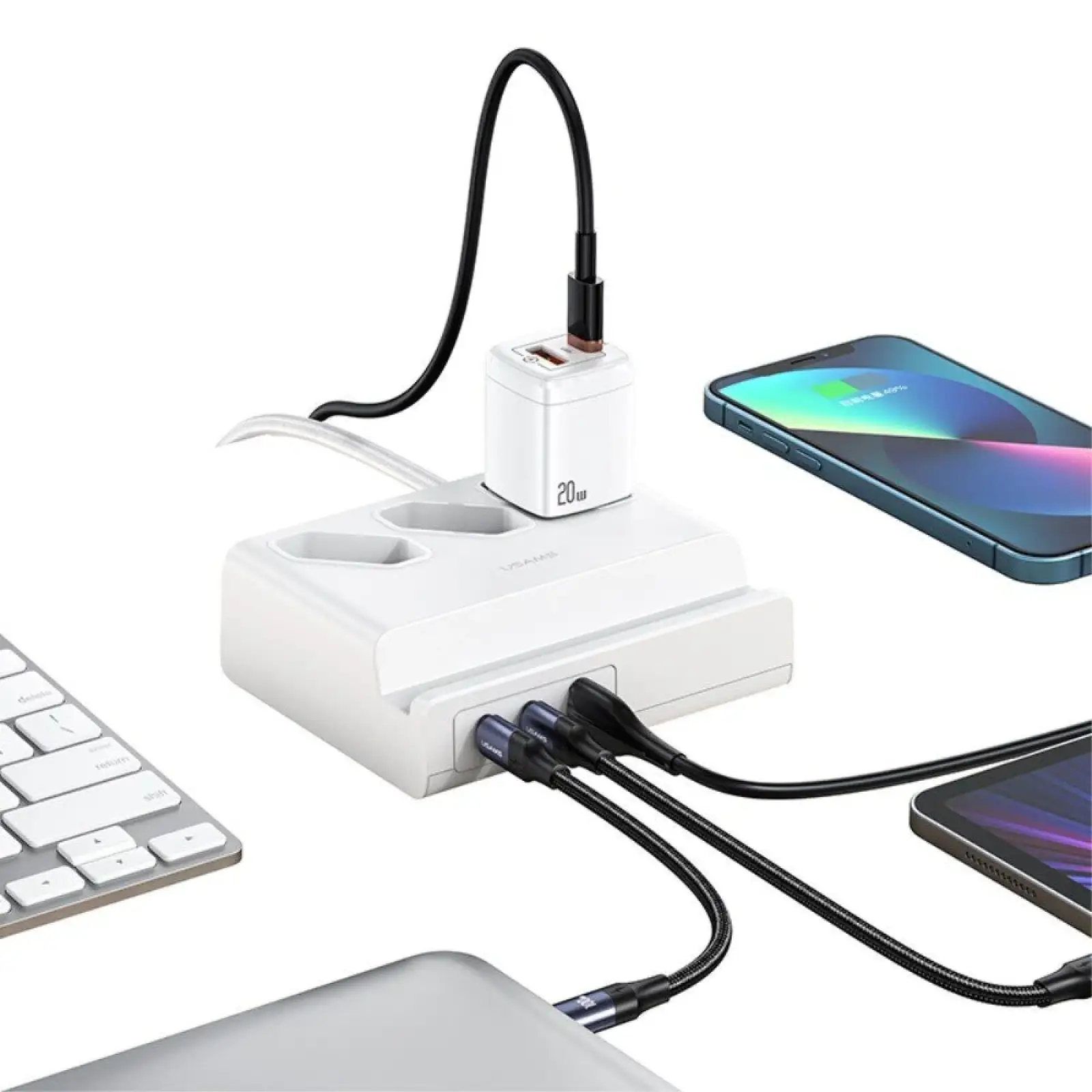 Мережевий фільтр Usams US-CC160 (CC160TC01) 3 розетки, 1 USB, 2 USB Type-C 65W, 2 м, White UA