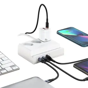 Мережевий фільтр Usams US-CC160 (CC160TC01) 3 розетки, 1 USB, 2 USB Type-C 65W, 2 м, White UA
