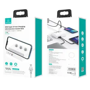Мережевий фільтр Usams US-CC160 (CC160TC01) 3 розетки, 1 USB, 2 USB Type-C 65W, 2 м, White UA