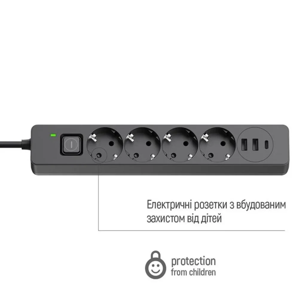 Фильтр питания ColorWay CW-CHE435PDB 4 розетки, 3USB (2USB-A + 1 TYPE-C) (24W), 2м, Black UA