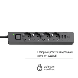 Фильтр питания ColorWay CW-CHE435PDB 4 розетки, 3USB (2USB-A + 1 TYPE-C) (24W), 2м, Black UA