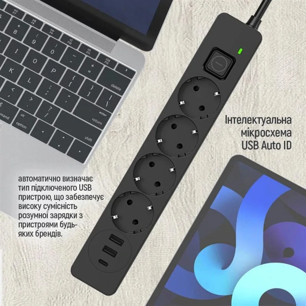 Фильтр питания ColorWay CW-CHE435PDB 4 розетки, 3USB (2USB-A + 1 TYPE-C) (24W), 2м, Black UA