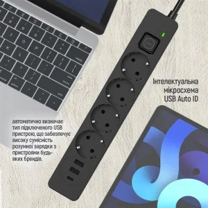 Фильтр питания ColorWay CW-CHE435PDB 4 розетки, 3USB (2USB-A + 1 TYPE-C) (24W), 2м, Black UA