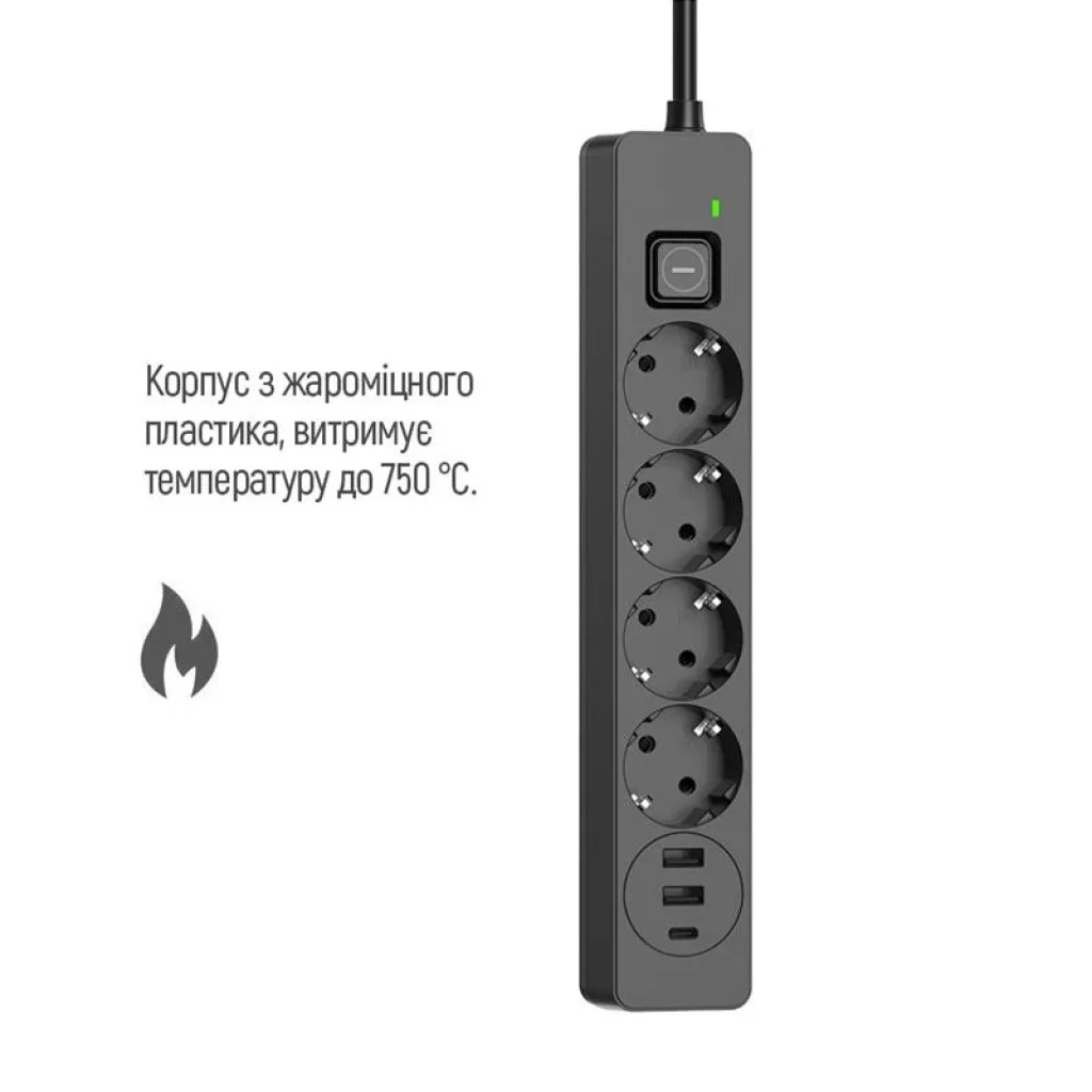 Фильтр питания ColorWay CW-CHE435PDB 4 розетки, 3USB (2USB-A + 1 TYPE-C) (24W), 2м, Black UA