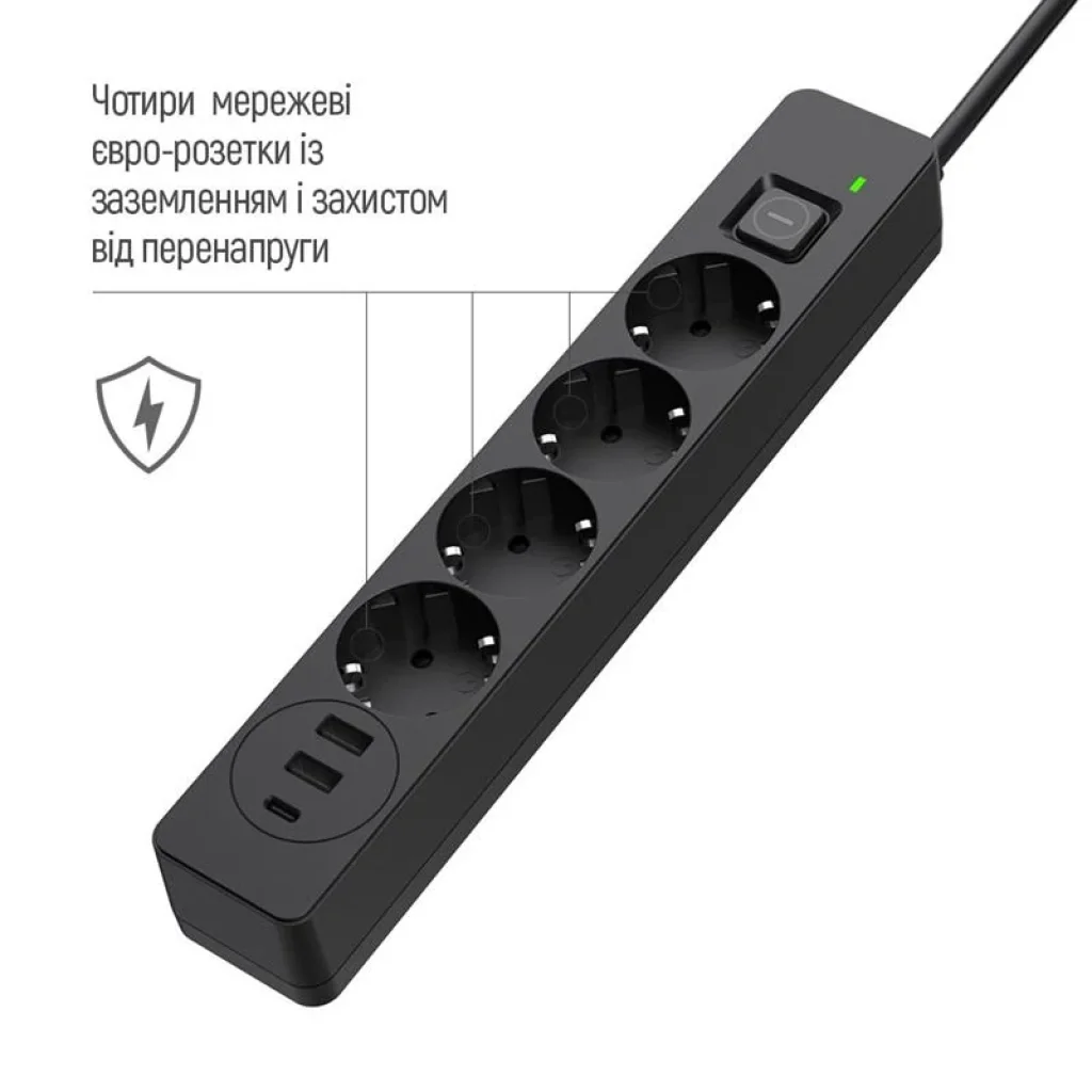 Фильтр питания ColorWay CW-CHE435PDB 4 розетки, 3USB (2USB-A + 1 TYPE-C) (24W), 2м, Black UA