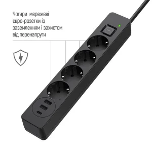 Фильтр питания ColorWay CW-CHE435PDB 4 розетки, 3USB (2USB-A + 1 TYPE-C) (24W), 2м, Black UA