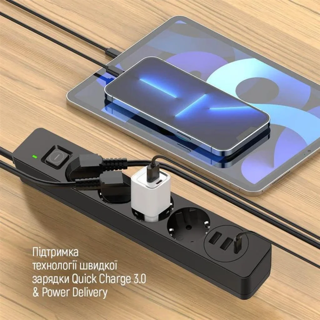 Фильтр питания ColorWay CW-CHE435PDB 4 розетки, 3USB (2USB-A + 1 TYPE-C) (24W), 2м, Black UA