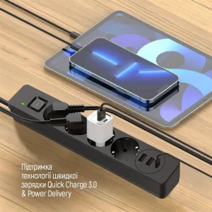 Фильтр питания ColorWay CW-CHE435PDB 4 розетки, 3USB (2USB-A + 1 TYPE-C) (24W), 2м, Black UA