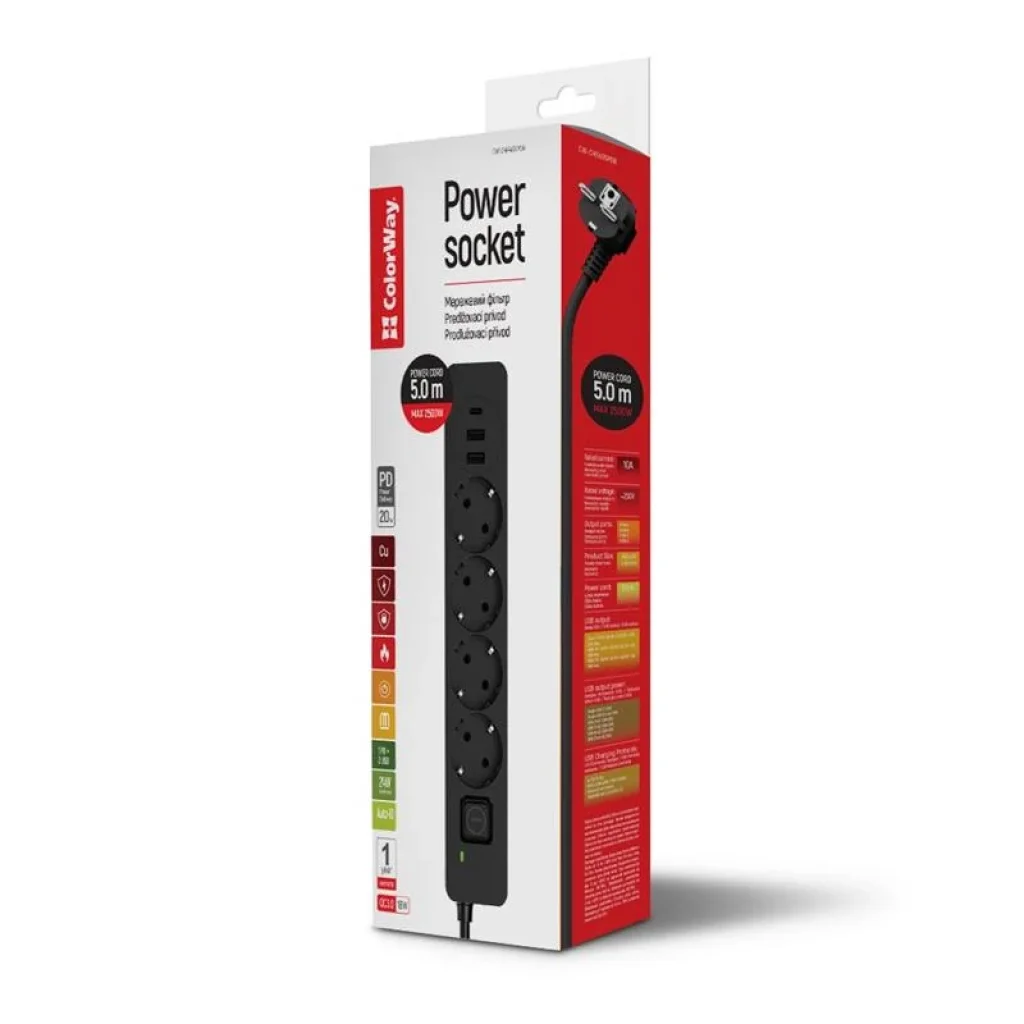 Фильтр питания ColorWay CW-CHE435PDB 4 розетки, 3USB (2USB-A + 1 TYPE-C) (24W), 2м, Black UA