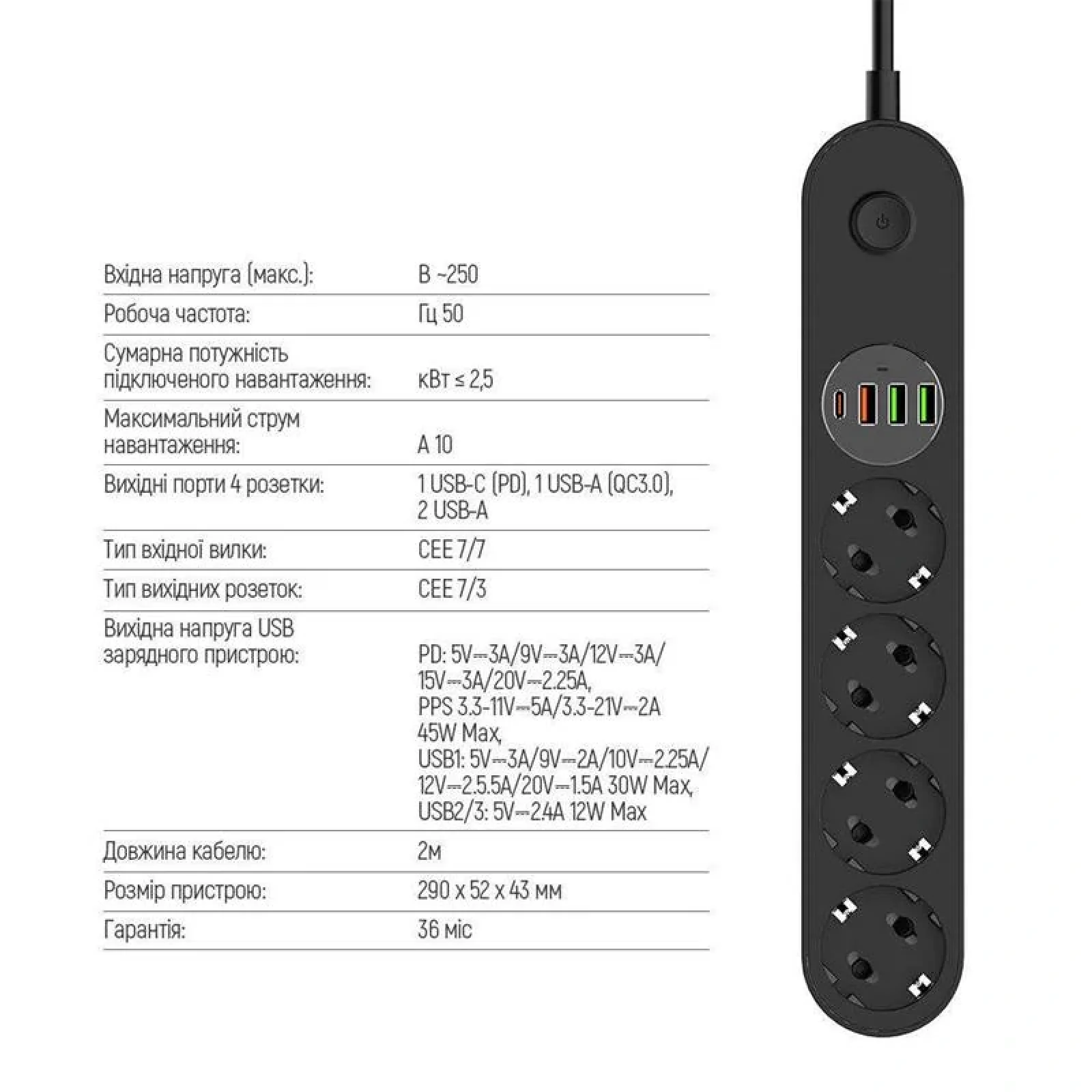 Фільтр живлення ColorWay CW-CHE44PDB 4 розетки, 4USB (Type-C PD20W + 3USB QC3.0) (45W), 2м, Black UA