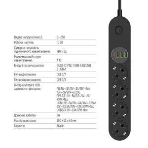 Фільтр живлення ColorWay CW-CHE44PDB 4 розетки, 4USB (Type-C PD20W + 3USB QC3.0) (45W), 2м, Black UA