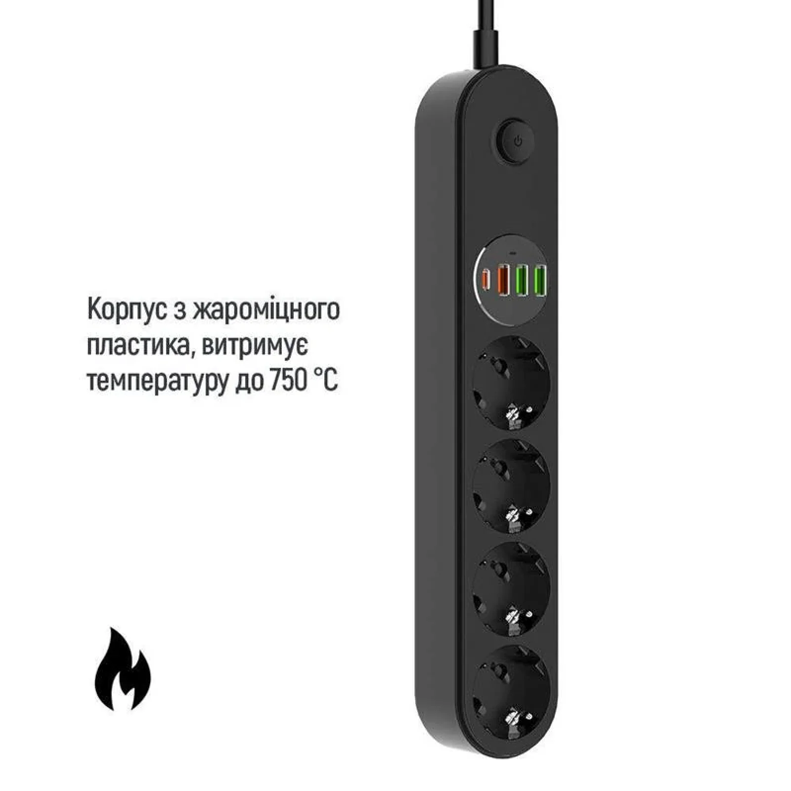 Фільтр живлення ColorWay CW-CHE44PDB 4 розетки, 4USB (Type-C PD20W + 3USB QC3.0) (45W), 2м, Black UA