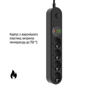 Фільтр живлення ColorWay CW-CHE44PDB 4 розетки, 4USB (Type-C PD20W + 3USB QC3.0) (45W), 2м, Black UA