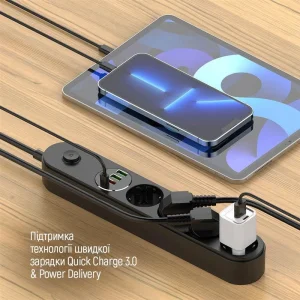 Фільтр живлення ColorWay CW-CHE44PDB 4 розетки, 4USB (Type-C PD20W + 3USB QC3.0) (45W), 2м, Black UA
