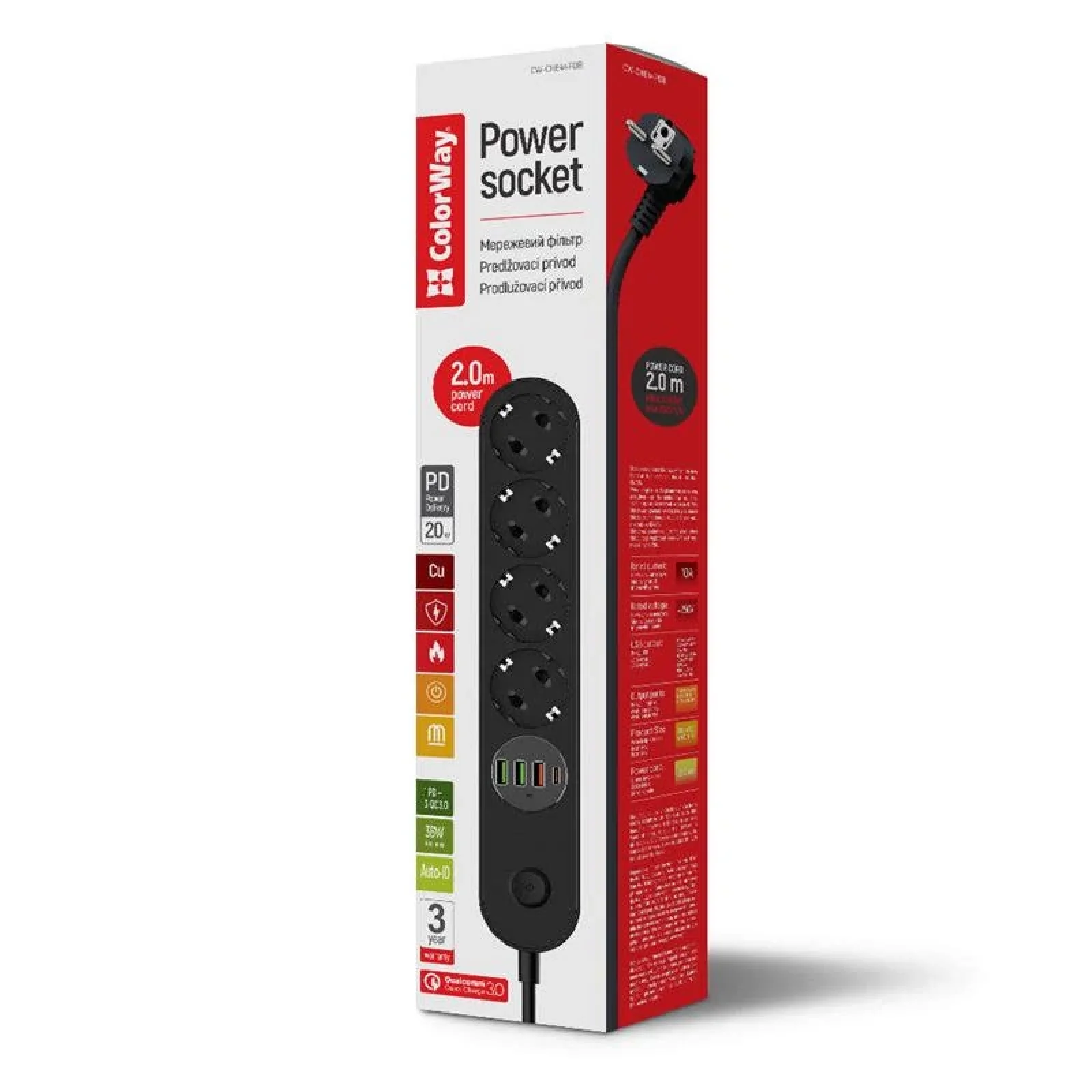 Фільтр живлення ColorWay CW-CHE44PDB 4 розетки, 4USB (Type-C PD20W + 3USB QC3.0) (45W), 2м, Black UA