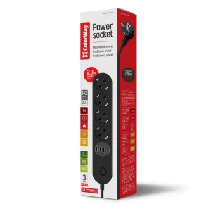 Фільтр живлення ColorWay CW-CHE44PDB 4 розетки, 4USB (Type-C PD20W + 3USB QC3.0) (45W), 2м, Black UA
