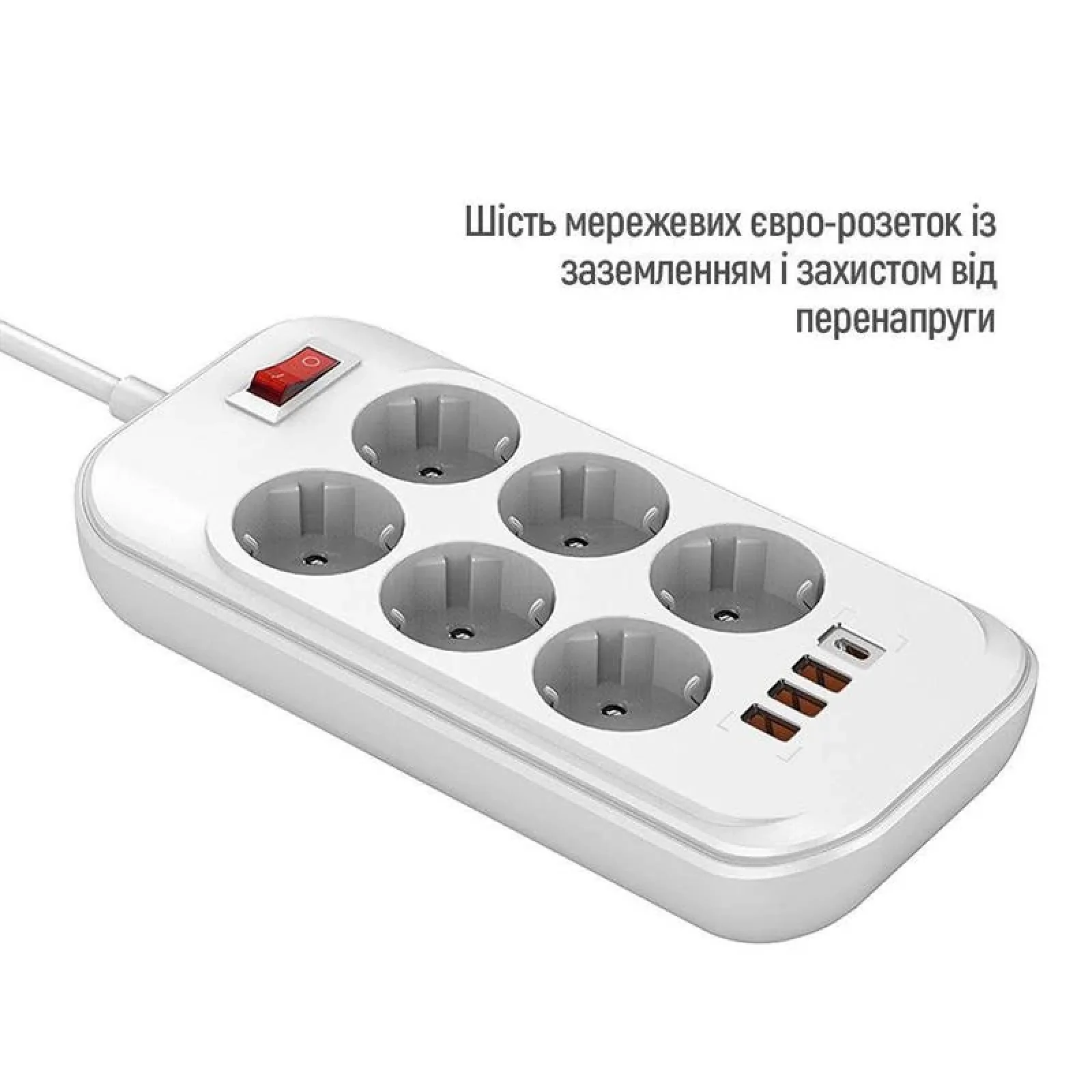 Фильтр питания ColorWay CW-CHE64PDW 6 розеток, 4USB (Type-C PD20W + 3USB QC3.0) (38W), 2м, White UA