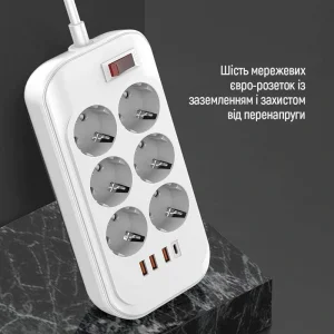 Фильтр питания ColorWay CW-CHE64PDW 6 розеток, 4USB (Type-C PD20W + 3USB QC3.0) (38W), 2м, White UA