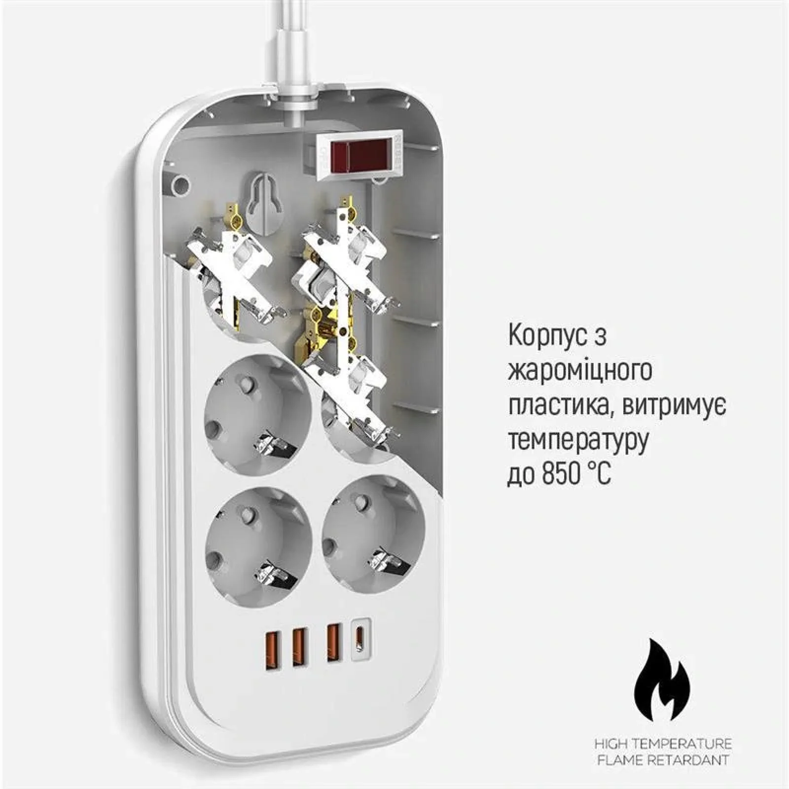 Фильтр питания ColorWay CW-CHE64PDW 6 розеток, 4USB (Type-C PD20W + 3USB QC3.0) (38W), 2м, White UA