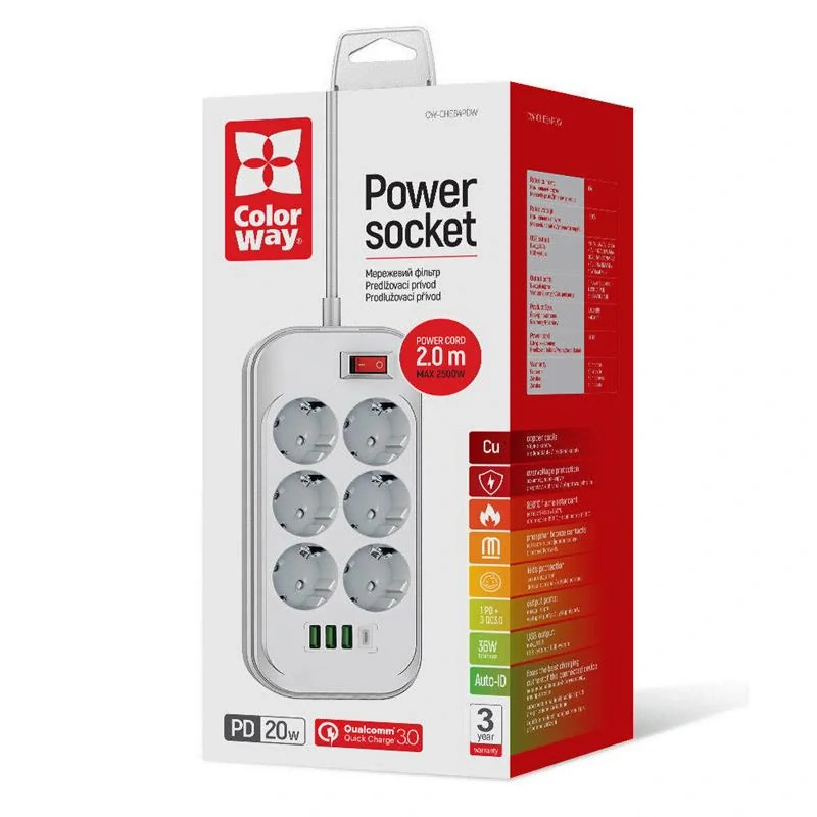 Фильтр питания ColorWay CW-CHE64PDW 6 розеток, 4USB (Type-C PD20W + 3USB QC3.0) (38W), 2м, White UA